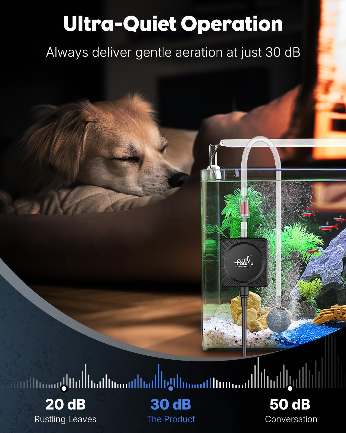 Pawfly Pompa Aria Acquario 450 mL/min 1.3 W, Ultra Silenziosa Mini Bollitore per Vasche fino a 60 L, Ossigenatore Portatile con Tubo, Pietra Porosa, Valvola di Non Ritorno