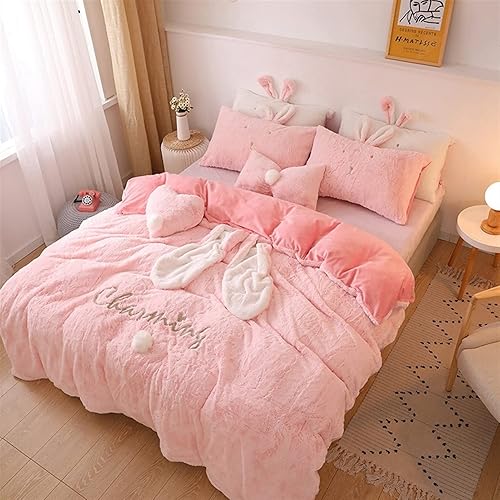 Miniatura 6 de Juego de funda de edredónjuego de ropa de cama suave de terciopelo polar con orejas de conejo, juego de funda de edredón de franela cálida, perfecto