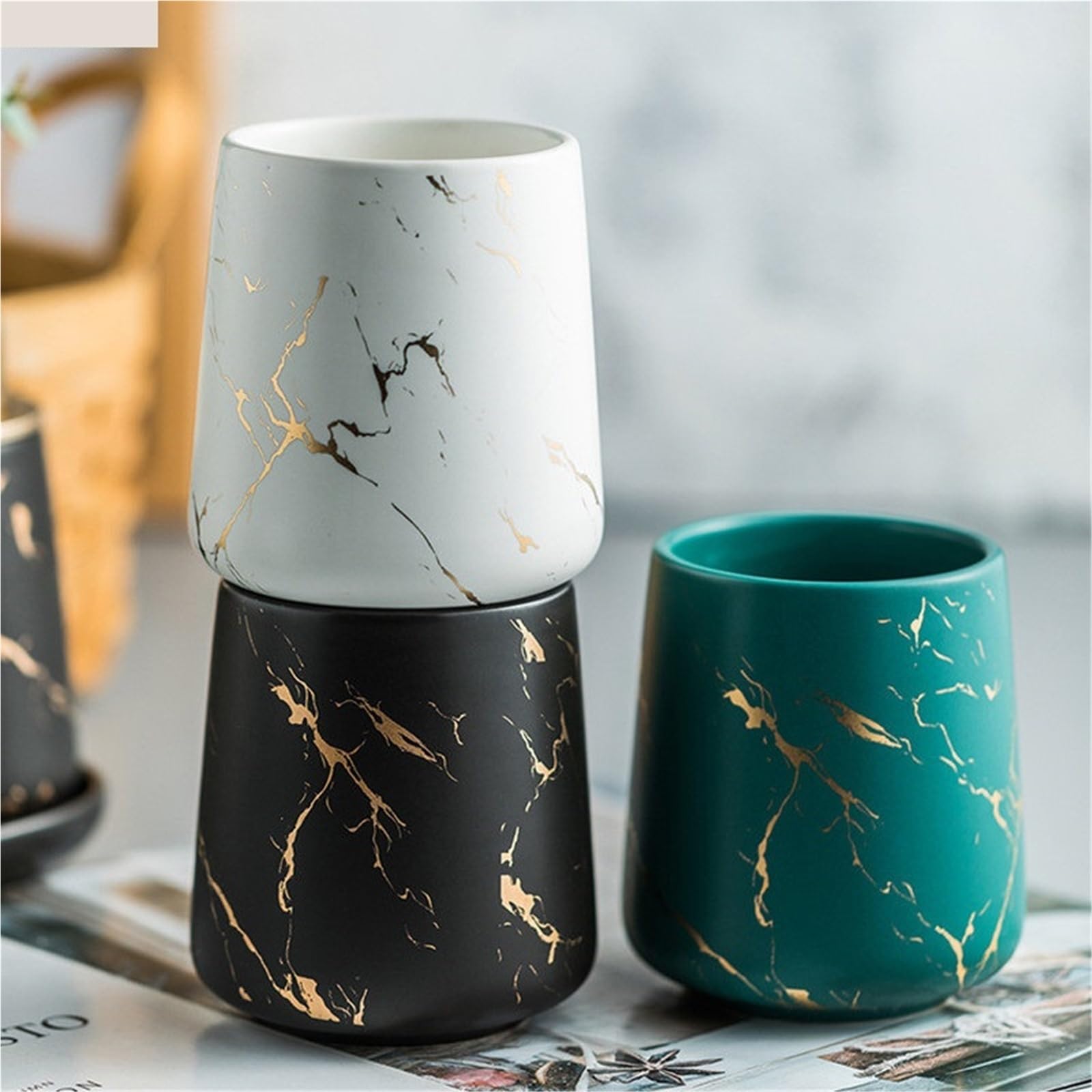 Conjunto Accesorios de Baño Juego De Baño Cerámica con Textura Veteada | Dispensador de jabón portátil, taza, cepillo de dientes, loción, botella, caja, suministros de baño(White 4pcs)