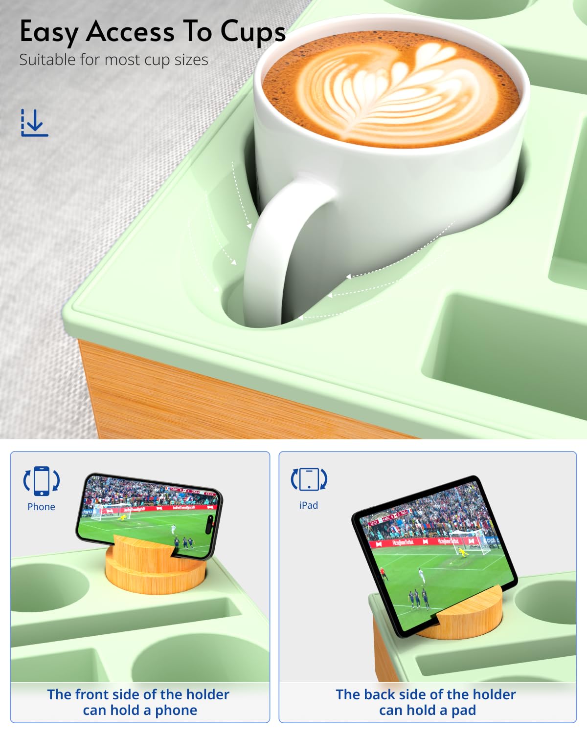 Portabicchieri – Organizer per divano, in silicone, da spiaggia, con portabevande e portabevande e vassoio per divano, tavolo per snack, telecomando per bevande (verde)