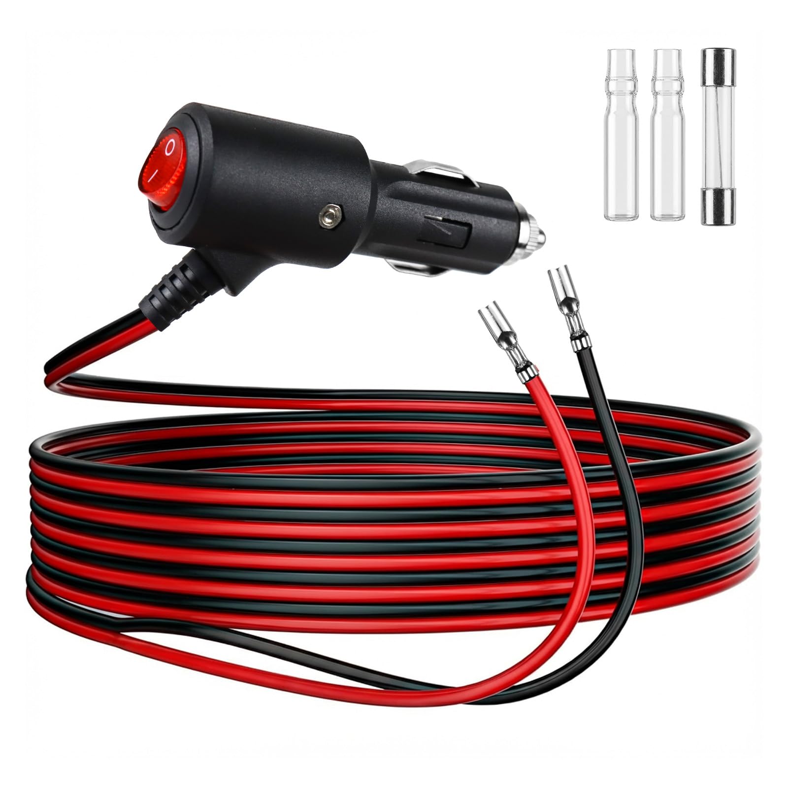 Wtyczka do zapalniczki samochodowej z przełącznikiem 2 m - 12 V/24 V przedłużacz 16AWG miedziany z bezpiecznikiem LED i 15 A, adapter samochodowy do samochodu, kampera, łodzi, motocykla
