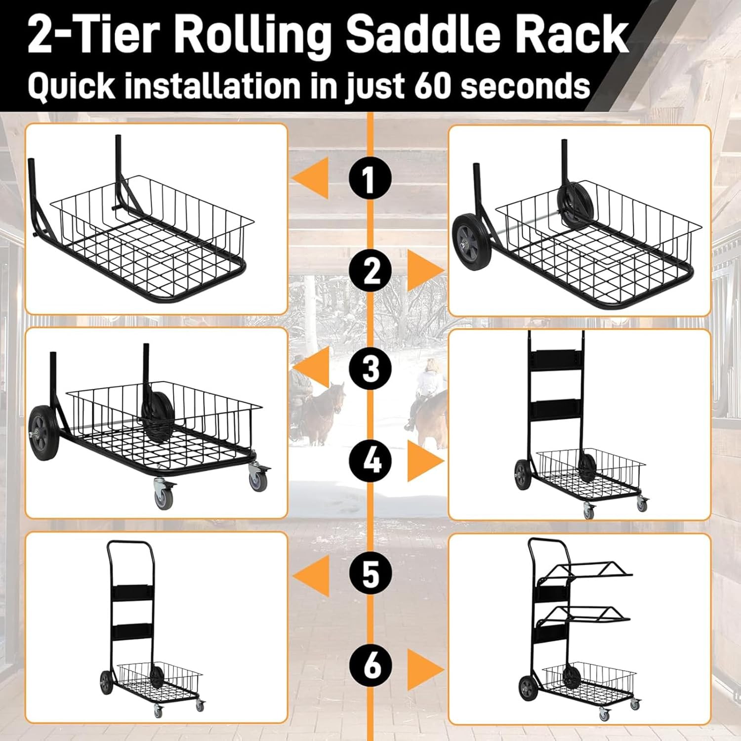 Rolling Saddle Rack Cart with Basket,3 Tier Saddle Rack Carts,Heavy Duty Saddle Stand for Western Horse Gear,Organizers and Storage for Tack Room,Bridle,Horse Lovers,Cowboy