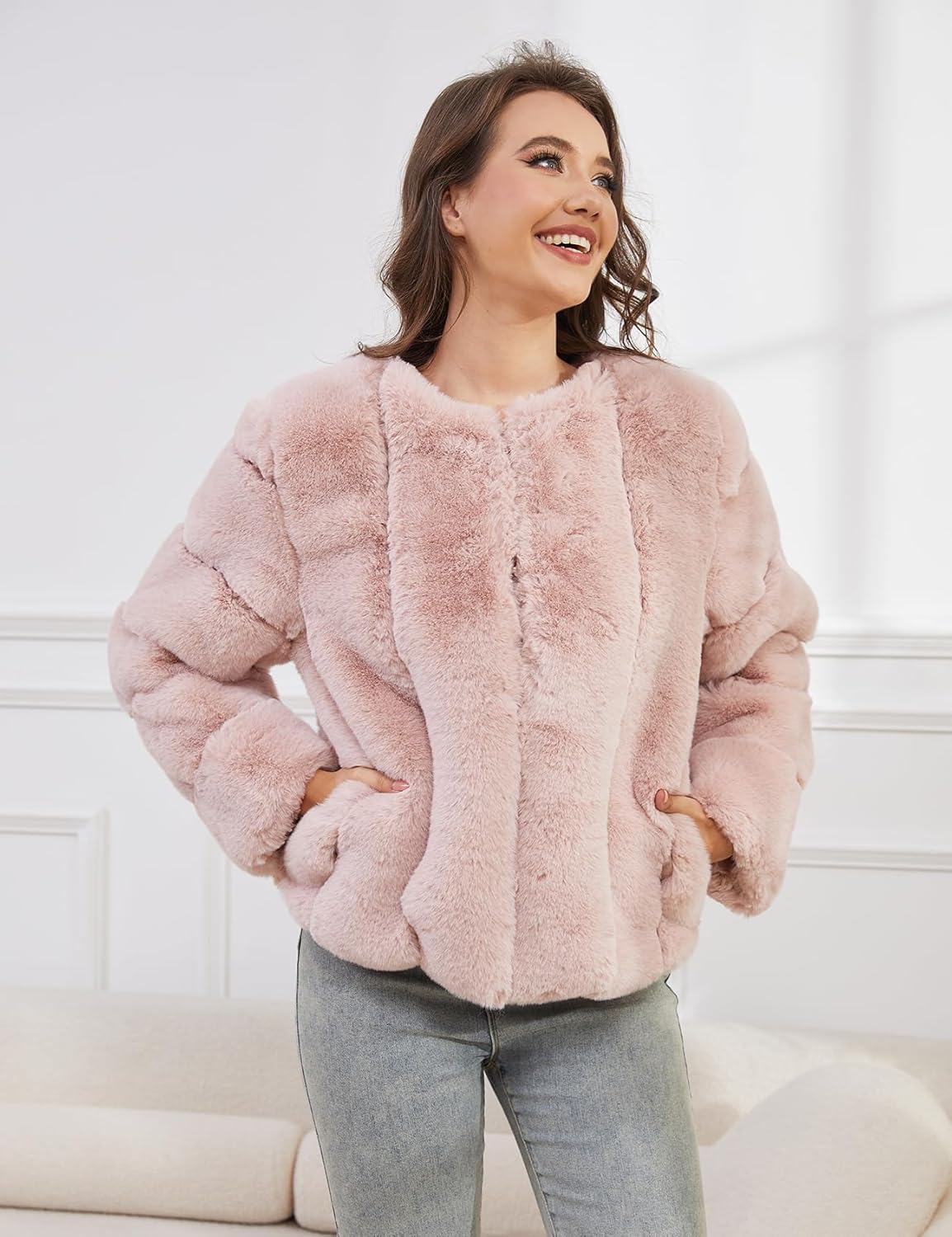 Womens Faux Fur Coat Long Sleeve Open Front 2025 Warm Winter Cropped Jacket - Image 4