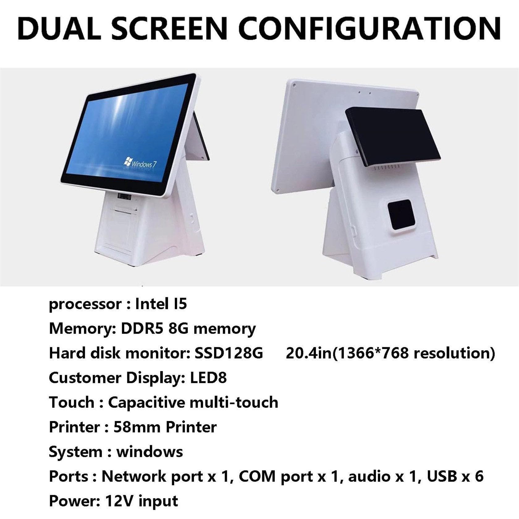 Caja Registradora Inteligente Todo en Uno de 20,4 Pulgadas con Pantalla TáCtil Dual y ResolucióN de 1366 × 768 para Restaurantes y Tiendas. Sistemas Tpv para Negocios