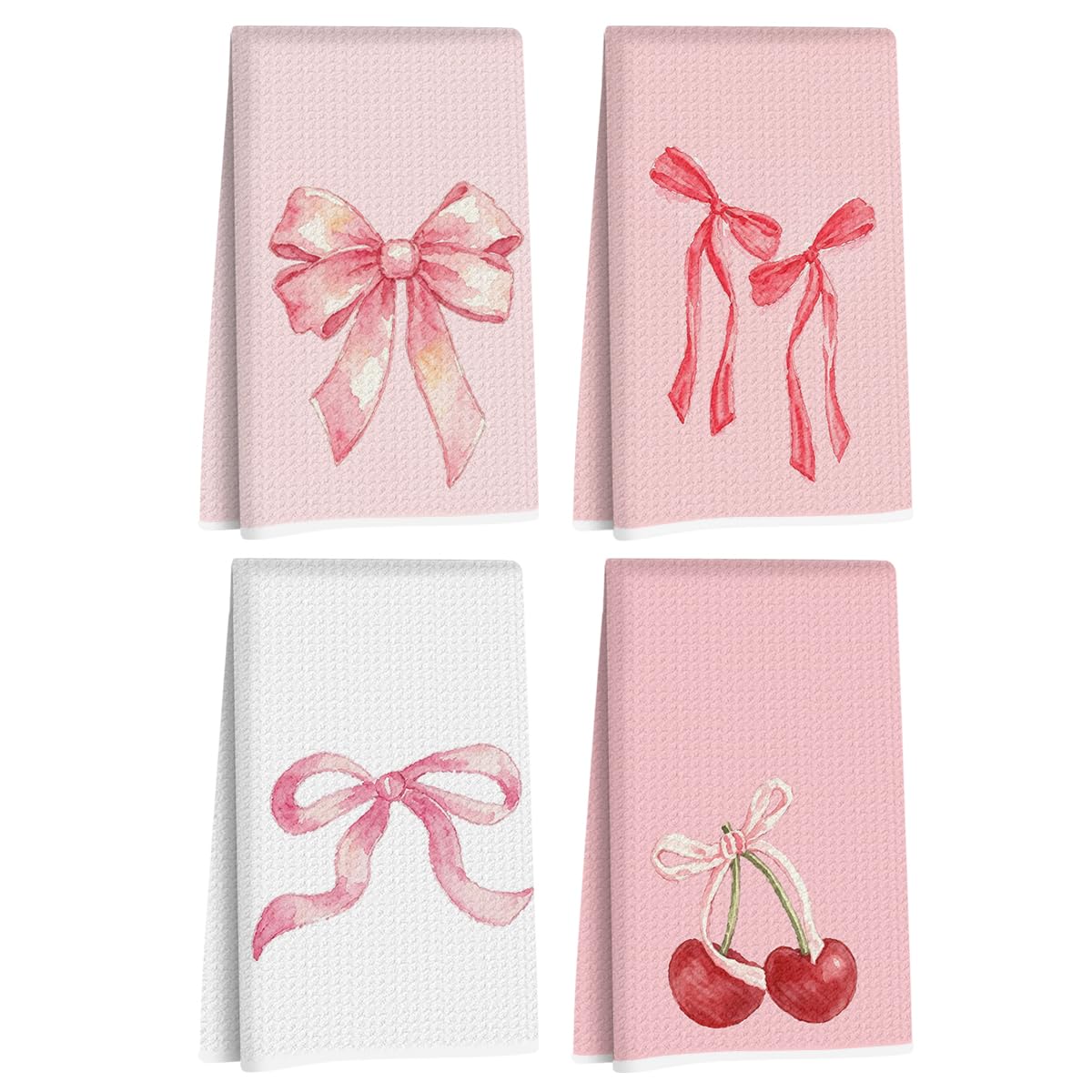 4 Pcs Pink Bow Hand Towels 24x14 Inch, Bows Decor Reusable Tea Towels