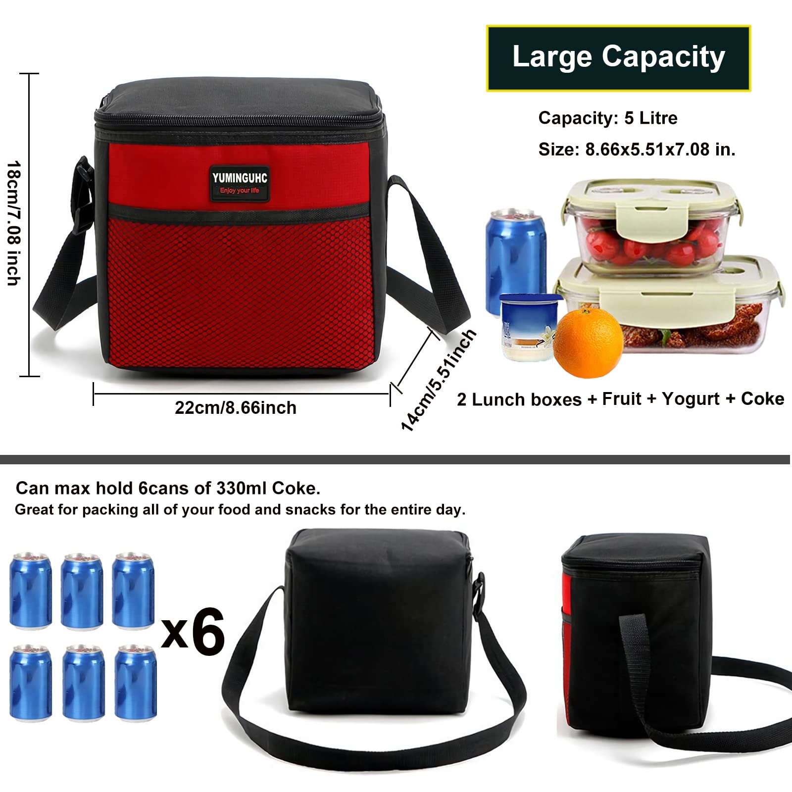 Lonchera térmica reutilizable de 5 L para hombres y mujeres, bolsa térmica para adultos, niños, trabajo, escuela, picnic (gris)