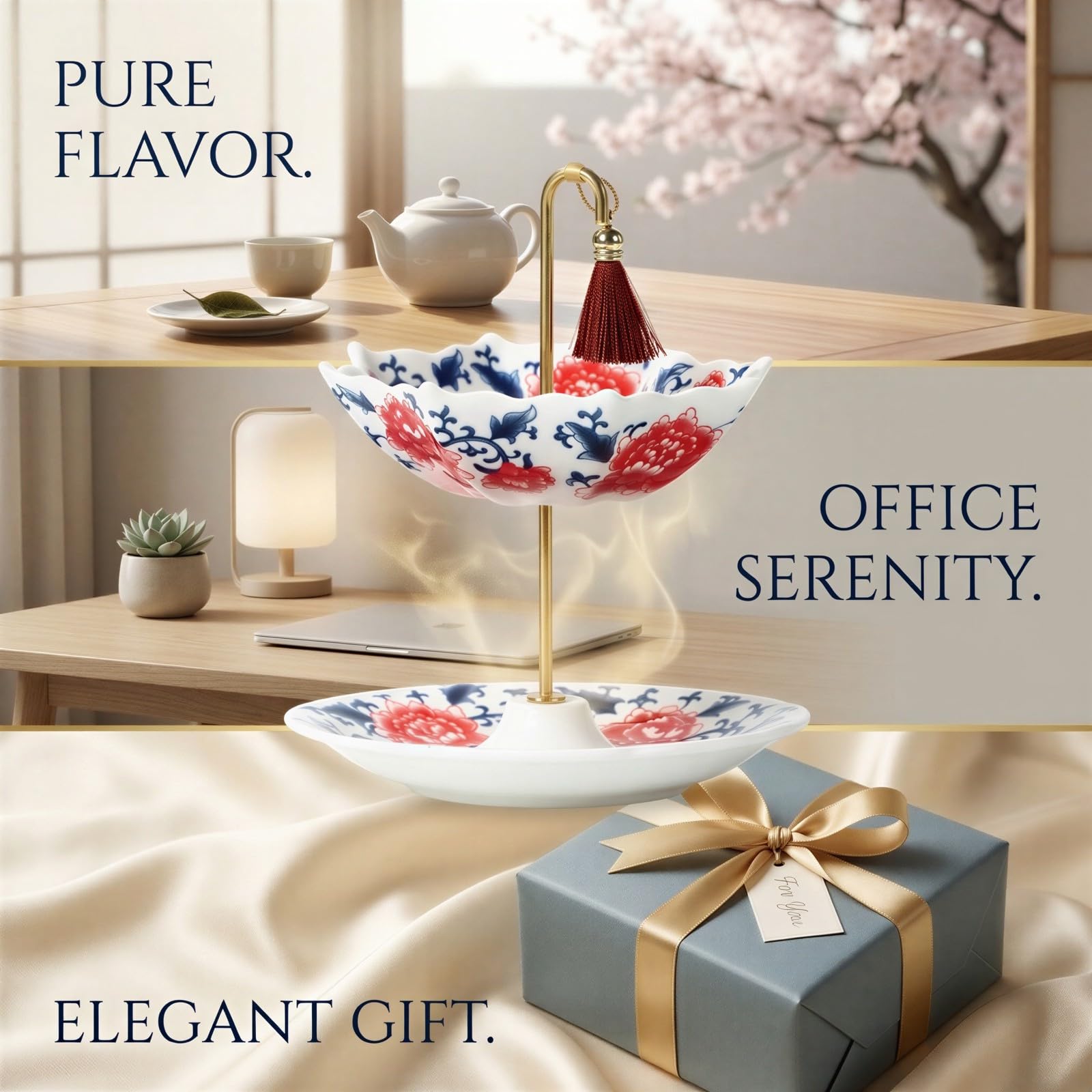 Filtre à thé en céramique, infuseur Kung Fu en porcelaine bleu et blanc avec base et poignée dorée, passoire élégante pour infusion maison, bureau, cadeau d'entreprise, motif pivoine