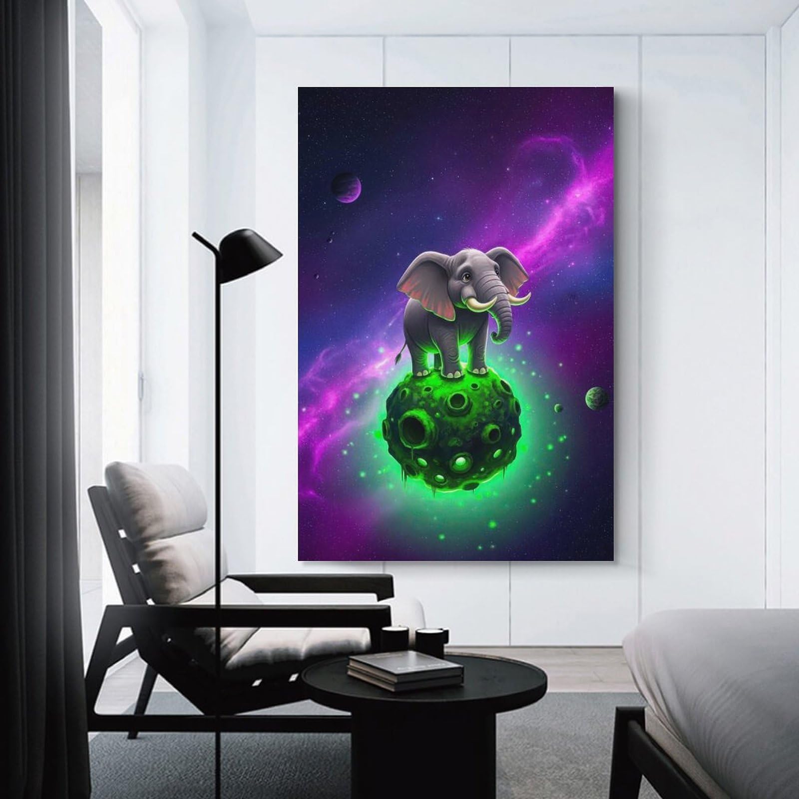 Junmoney Unframe-Style-15 Elephant On Glowing Green Planet In Space Room Decor Wall Art 24X36inch(60X90cm), For Entrance Walls, Hall Decor Or Foyers, A Neat Decor Update For Hallways