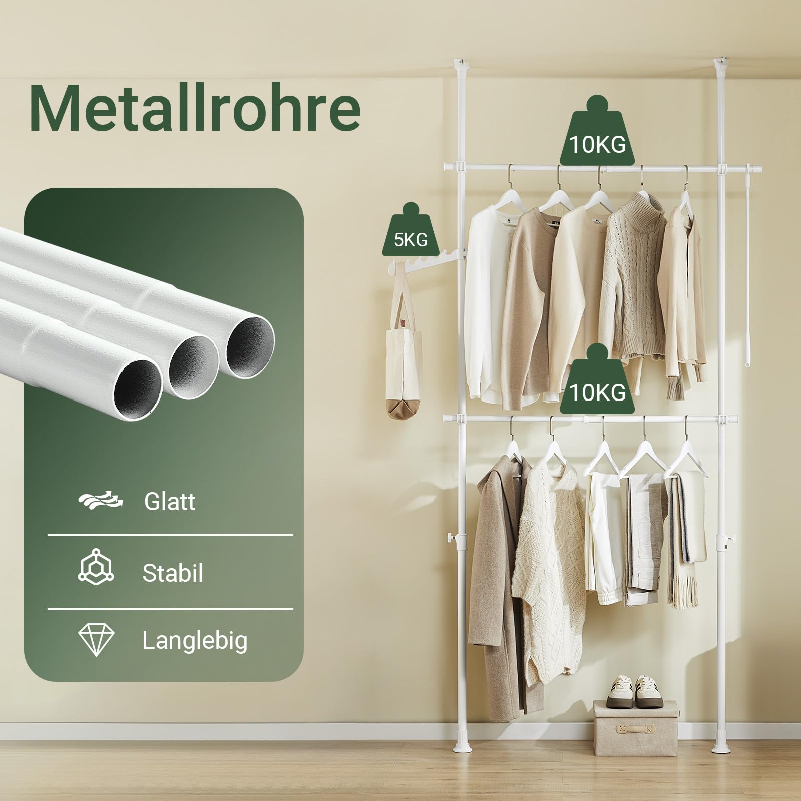 SoBuy Teleskop Kleiderständer, robuster Kleiderstange, verstellbarer offener Kleiderschrank für Schlafzimmer, Garderobenständer, Weiß FRG109-II-W