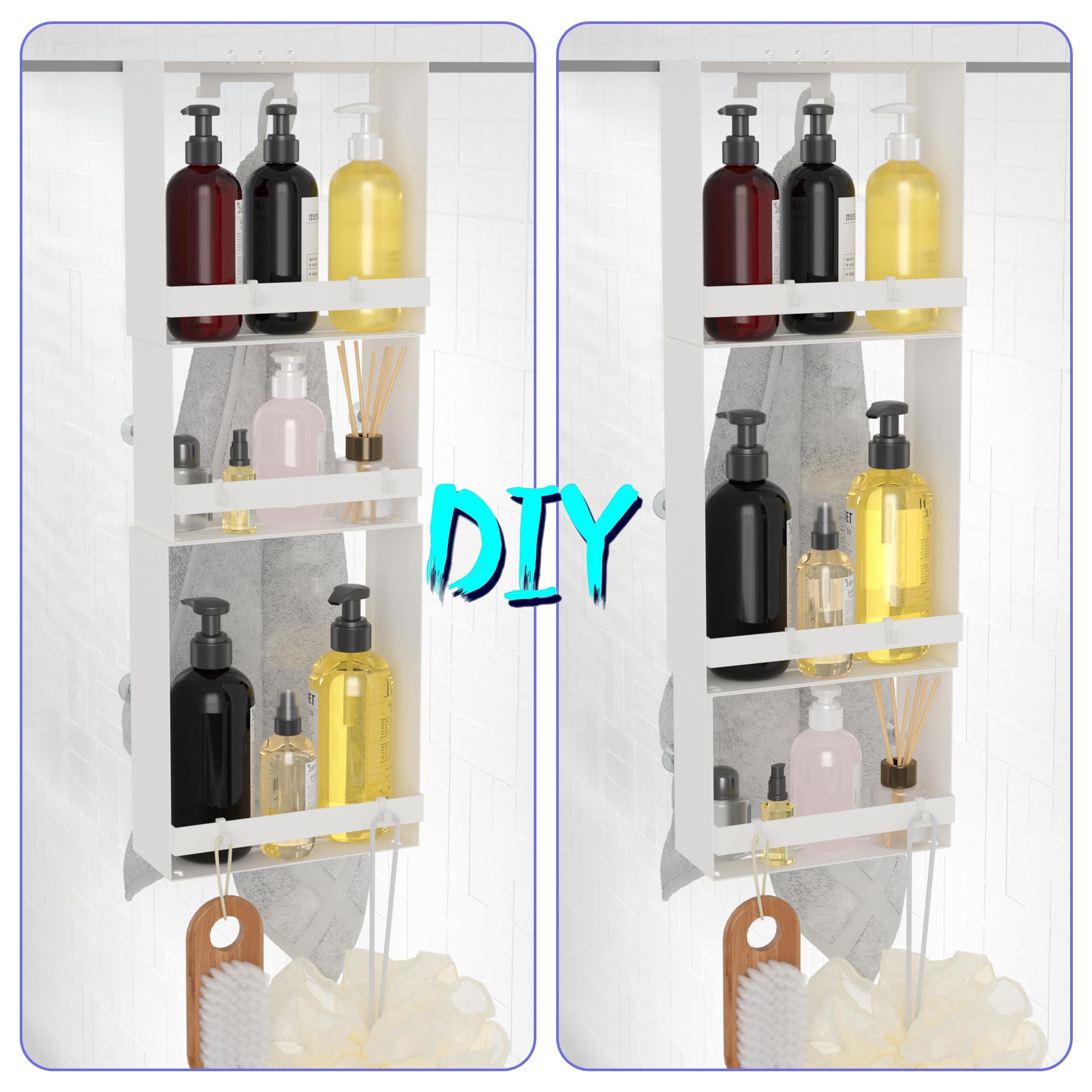 Duschablage zum Hängen, 3. Stock Duschablage 0hne Bohren Mattweiß, Badezimmer Organizer mit 4 Saugnapf zur Unterstützung & 8 Beweglichen Haken Ausgestattet, Shampoo Halterung Dusche für Glasduschtüren