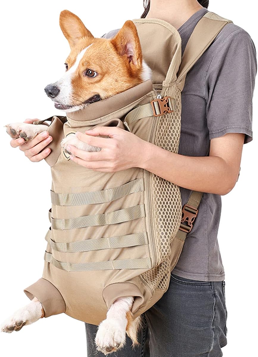 Mochila Táctica para Perros Bolsa Delantera Trasera para Perros Medianos,L | Bolsa frontal para perro con manos libres y piernas afuera; para viajar, senderismo, acampar, montar en motocicleta, transportador para perros; Corgi Bulldog; parte delantera y trasera