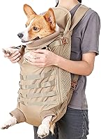 FLAdorepet Tactical Dog Carrier Backpack for Medium Dogs - Hands-Free Legs-Out Front Pack for Hiking Travel Camping Large Khaki