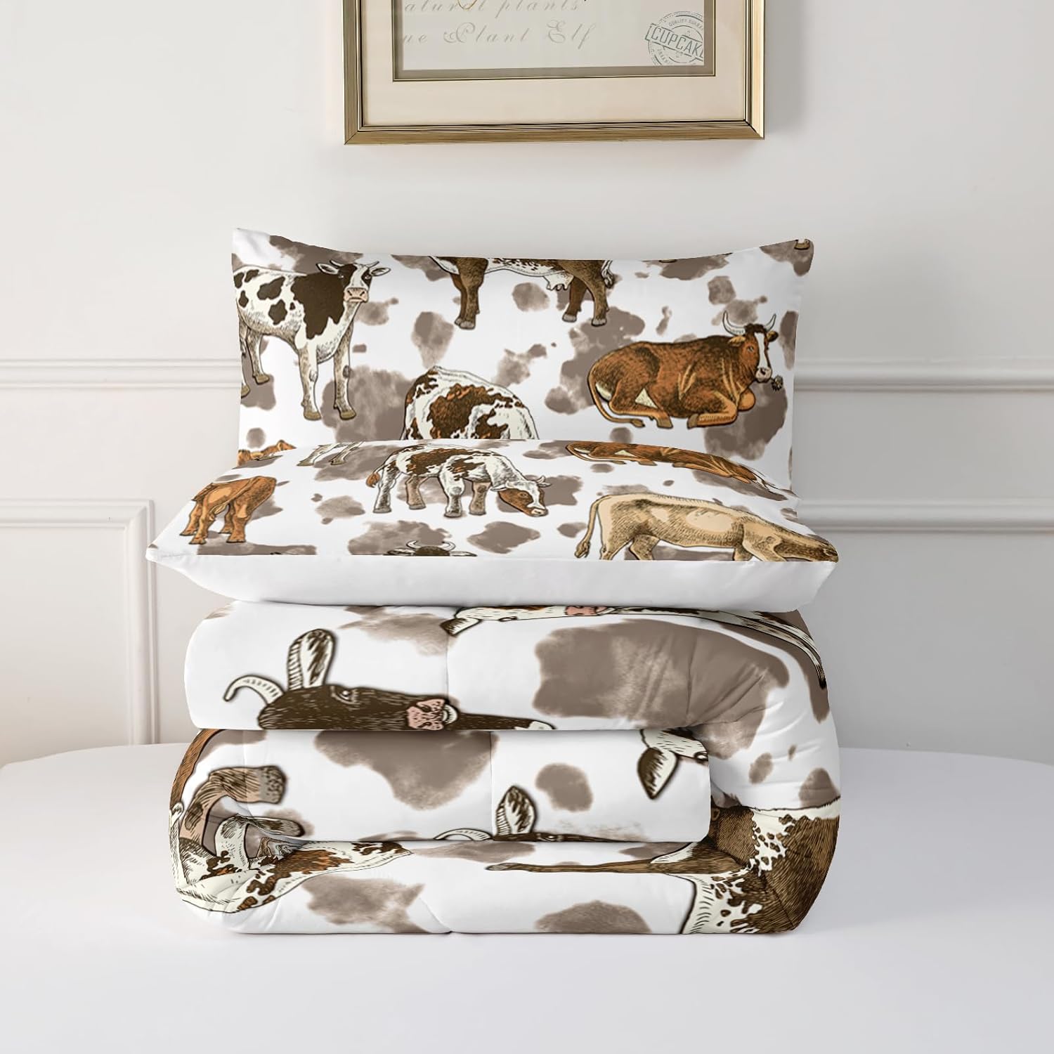 Cow Comforter Set for Boys Girls Women, Milk Cow Print Brown Cream Comforter Set Queen Size, Animal Highland Pattern Room Decorative 1 Comforter with 2 Pillowcases