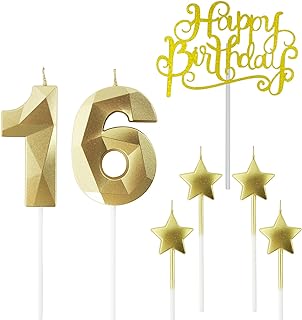 Golden Number 16 Birthday Candles and Star Birthday Candles 2.76 inch Birthday Cake Candles 3D Diamond Shaped Candles are Suitable for Birthday Parties and Anniversary Cake Decorations Candles