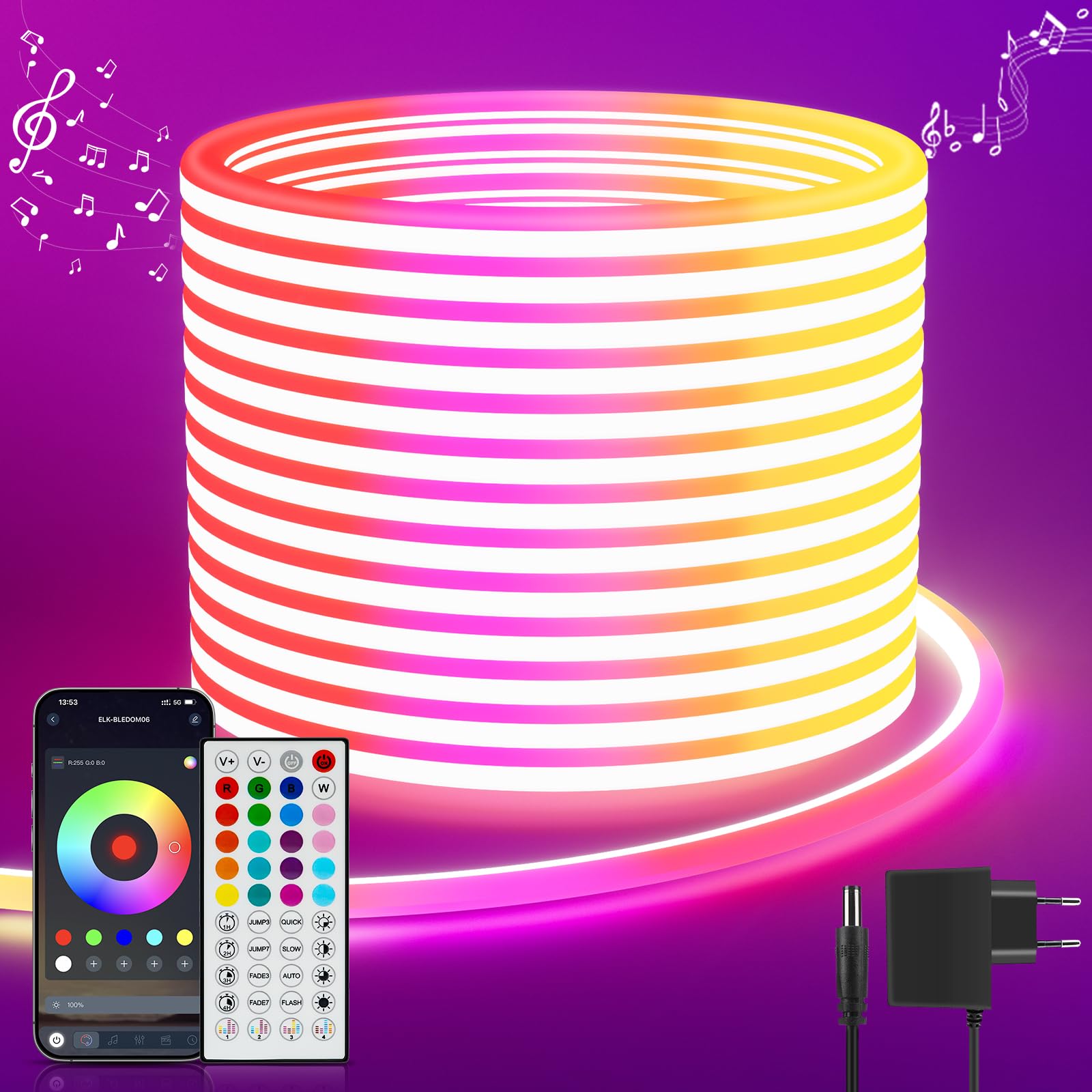 Neon Led Strip 5M RGB, LED Streifen mit APP Steuerung Fernbedienung, IP65 Outdoor Wasserdichte Flexible LeD Leiste, 24V LED Band Lichtschlauch Außen Innen Musik Sync DIY für Zimmer Raum Wand Gaming