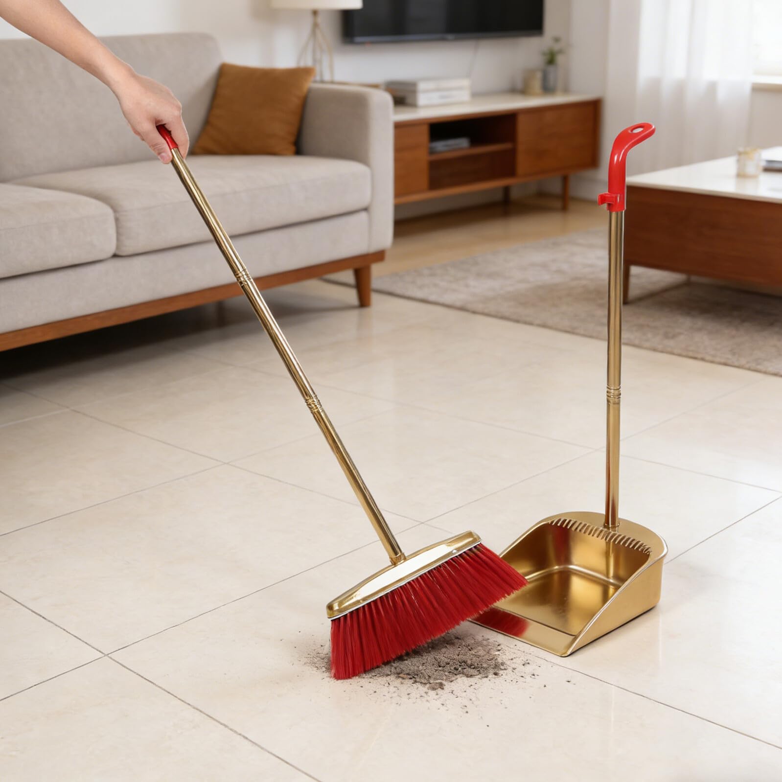 Set Scopa e Paletta in Inox Oro con Manico e Scopa Resistente Paletta con Salvaspazio ed per Cucina e Casa