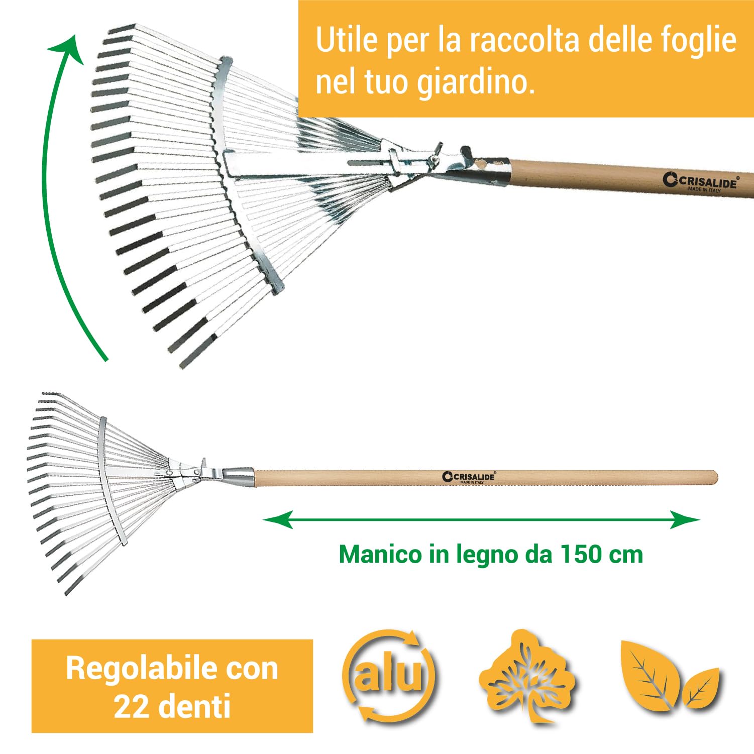 Crisalide®- Rastrello REGOLABILE + MANICO 150cm (faggio), Regolabile in metallo 22 denti