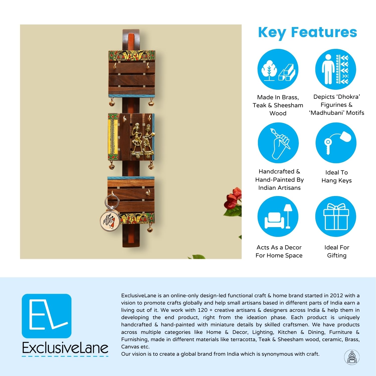 ExclusiveLane 'Madhubani' Brass and Wooden Key Holder for Home Décor Stylish (6 Hooks, Sheesham Wood, Brown) | Key Hangers for Wall Key Holder Stand Key Stand for Wall Key Chain Holder for Wall 4