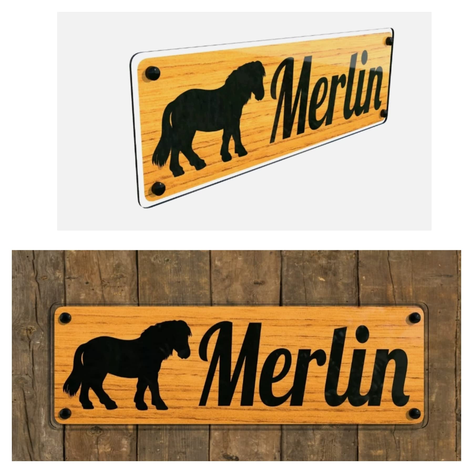 Tags4Nags Personalised Horse Stable Name Plate Signs Light wood effect and Black stable door pony gift