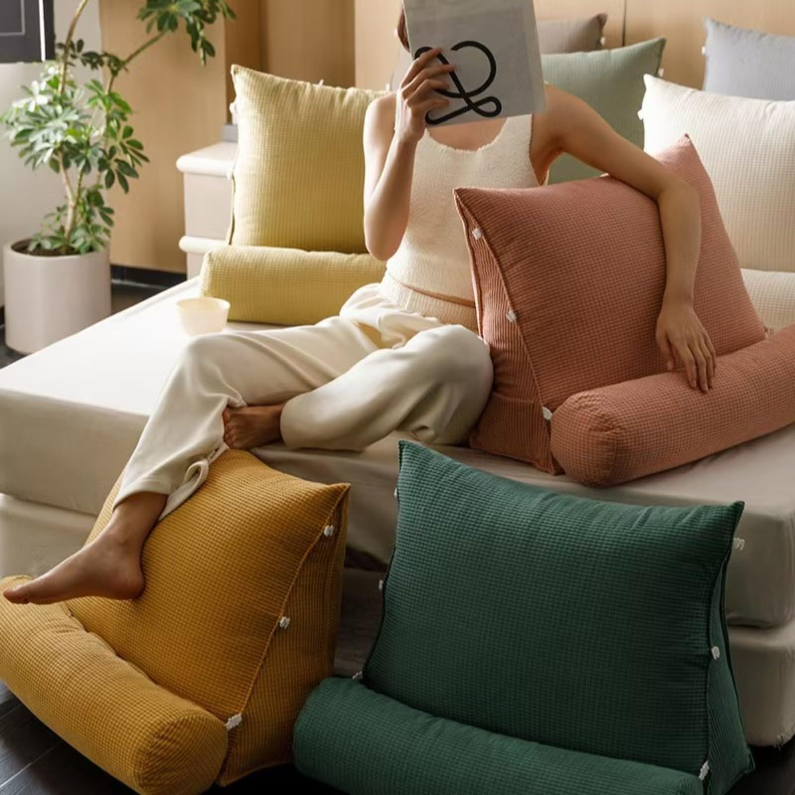 Cuscino a cuneo regolabile, cuscino da lettura per dormire, triangolare, cuscino di supporto lombare, collo e schiena, con fodera rimovibile, 50 cm (caffè)