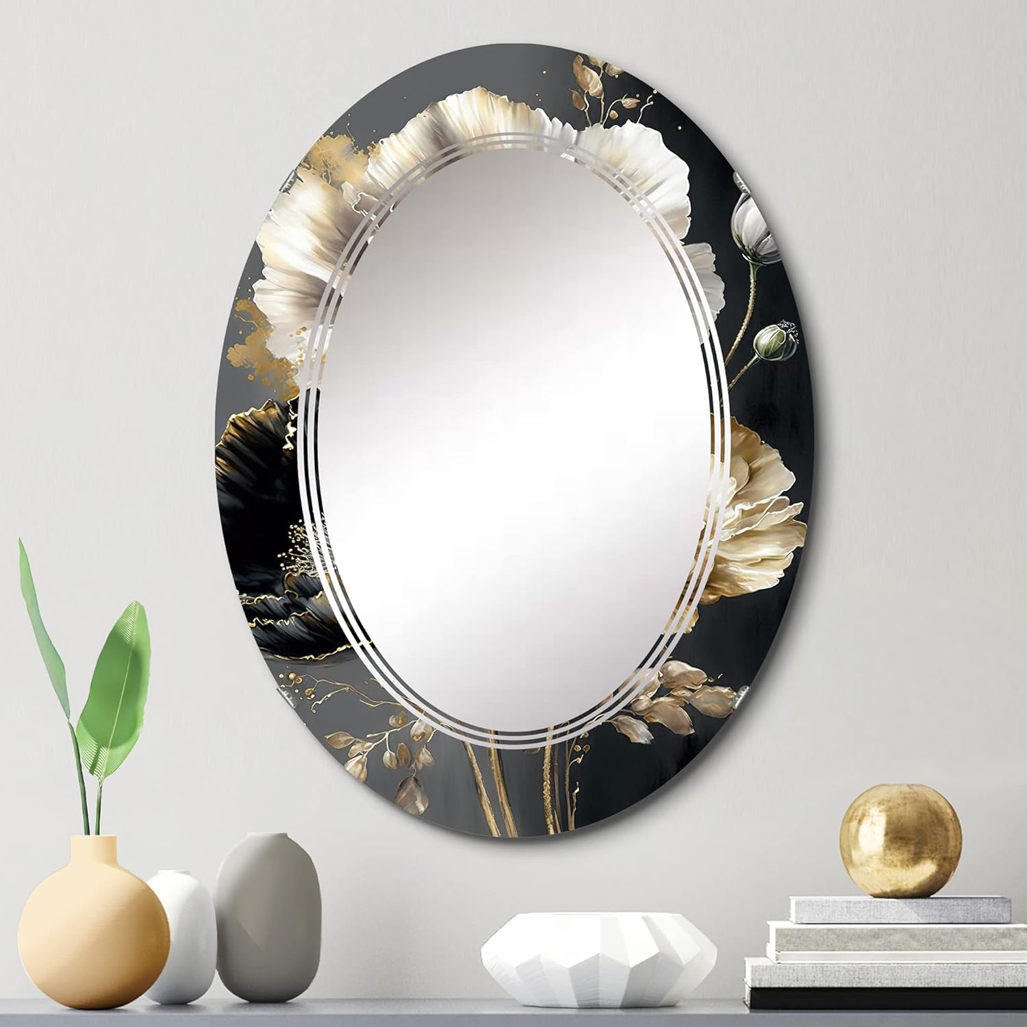 DesignQ Floral & Botanical wall mirror, Oval Traditional mirror, Round Grey bathroom mirror, Floral vanity mirror Bouquet of Flowers in Grey and Gold I printed mirror decor, oval mirror 20x30