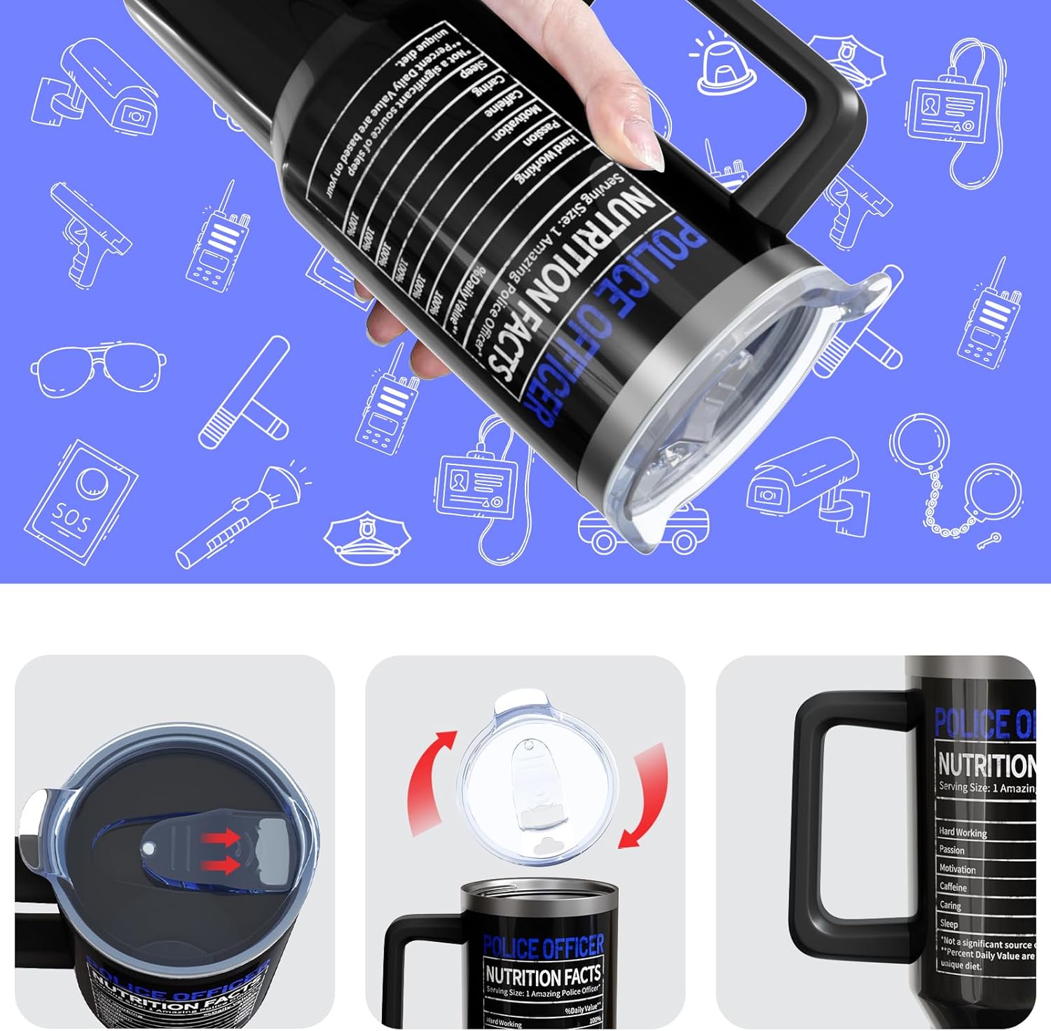 Police Gifts 40oz Tumbler with Handle and Lid Straw, Stainless Steel Double Walled Vacuum Insulated Cup, Police Officer Retirement Graduation Birthday Gifts for Men Boys (1PC) - Image 5