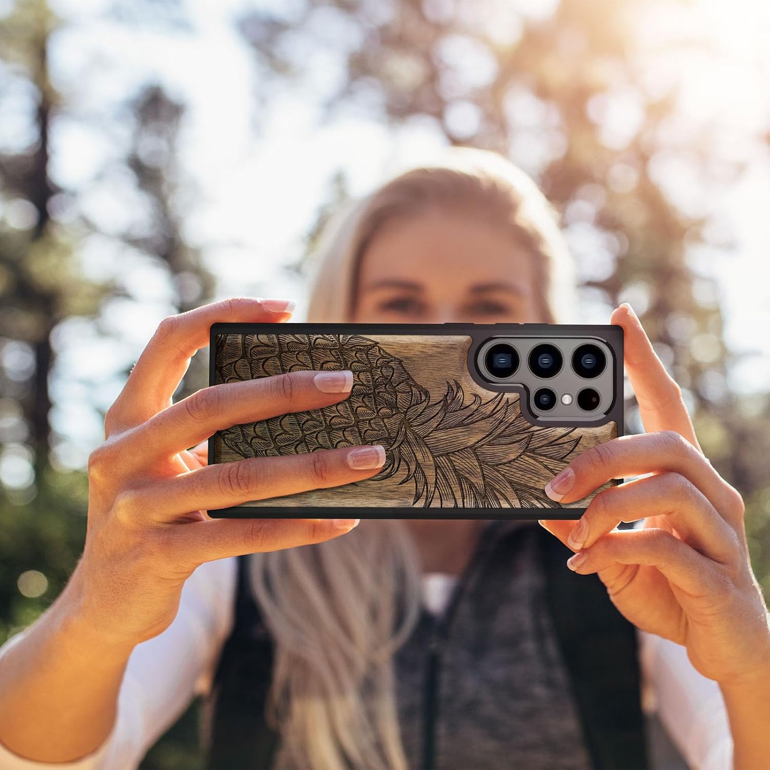 Carveit Wood Case for Galaxy S24 Ultra Case [Natural Wood & Black Soft TPU] Shockproof Protective Cover Unique Wooden Design Compatible with Samsung S24 Ultra (Pineapple Design-Walnut)