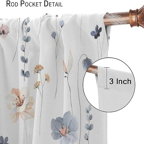 Miniatura 6 de Cortinas florales de acuarela, flores abstractas azules y beige, ramas, hojas, fondo impreso, mangas para barra, cortinas de ventana para sala de