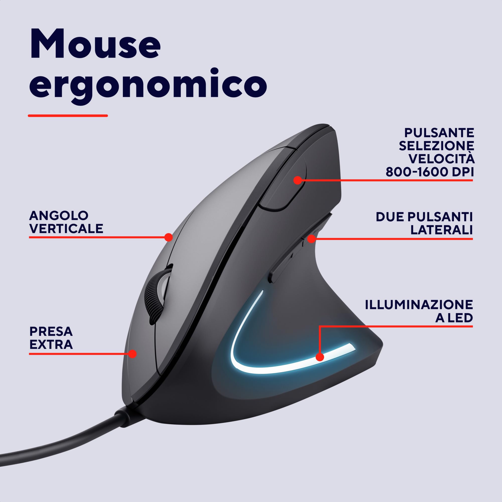Trust Verto Mouse Verticale Cablato, Mouse Ergonomico con Filo, 1000/1600 DPI, Cavo USB 1,5 m, Illuminazione LED, 6 Pulsanti per PC, Computer, Portatile, Mac - Nero