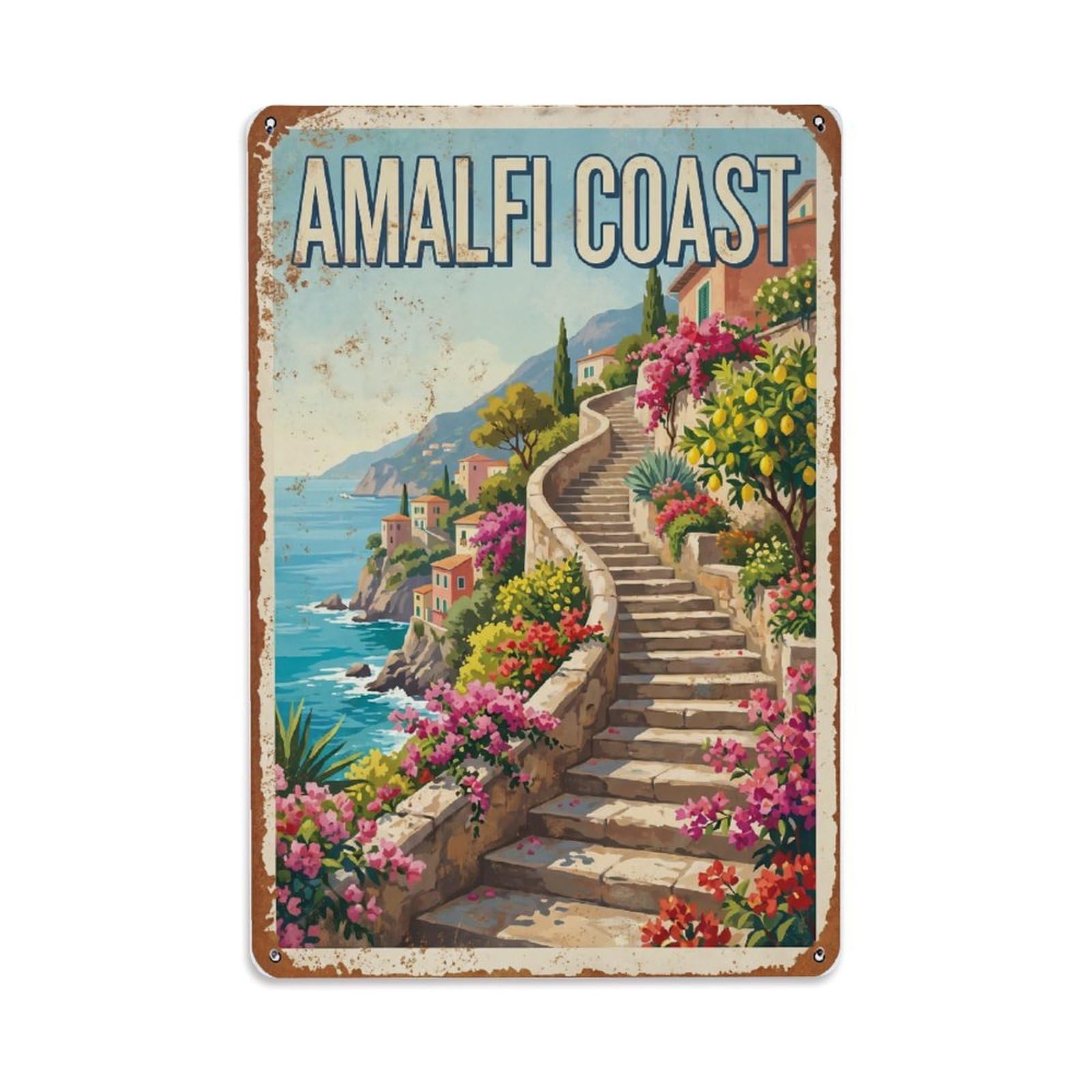 Vintage Travel Steps Italy Hillside Metal Tin Sign Plaque Wall Decor for Cafe, Club Bar, Office, Home Garden Metal Poster 8x12Inch