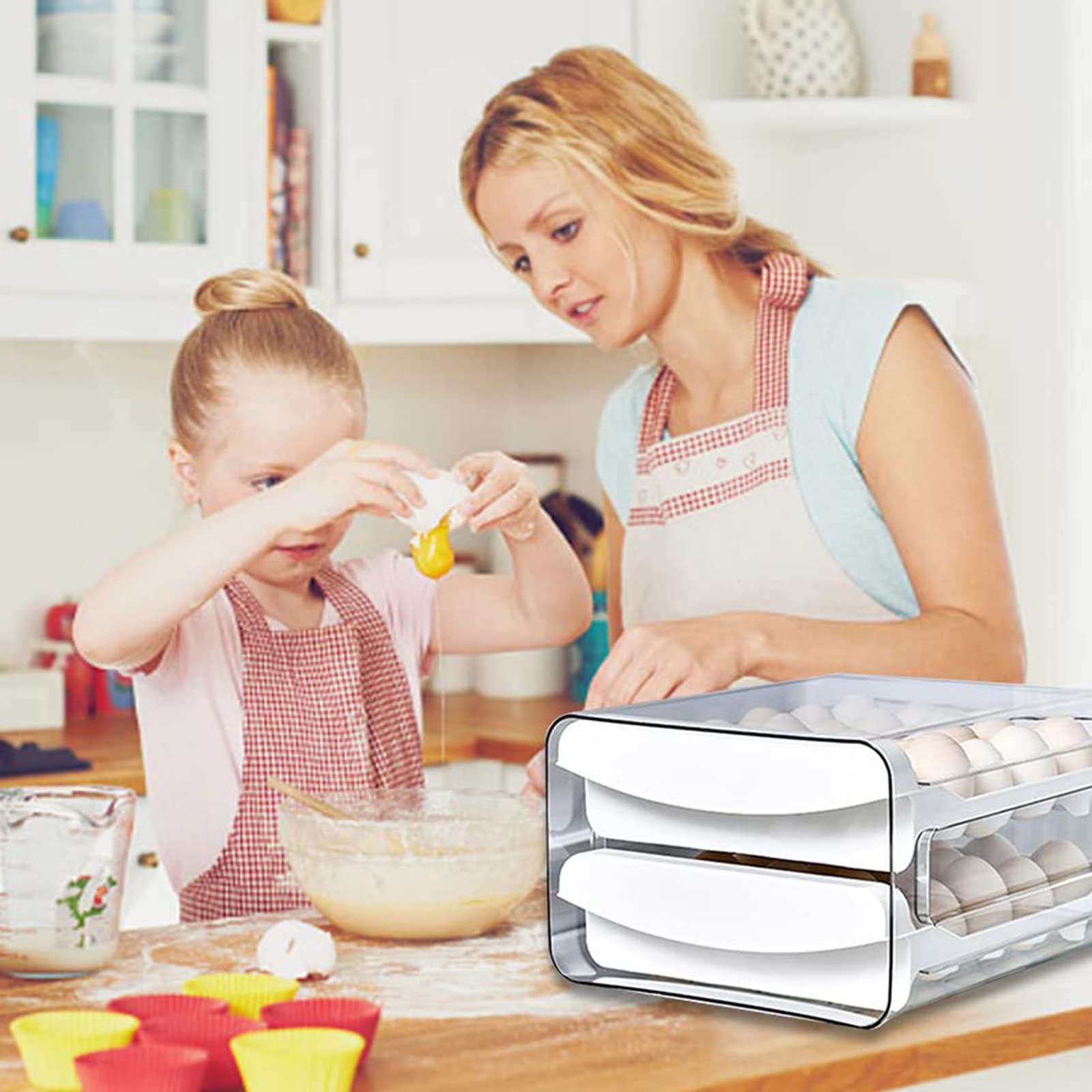 Refrigerador de cocina Cajón doble Caja de huevos Huevo en conserva, Huevo de pato, Organizador Caja de almacenamiento Caja de almacenamiento transparente de doble capa apilable (Tamaño: 27.5 * 22 *