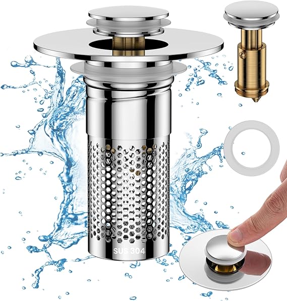 Bathroom Sink Drain Strainer,Pop Up Sink Drain Filter with Removable Stainless Steel Filter Basket Hair Catcher,Bathroom Drain Stopper Sink Plug for 1.1"-1.45" Basin Drain Holes (1PCS) (1PCS)