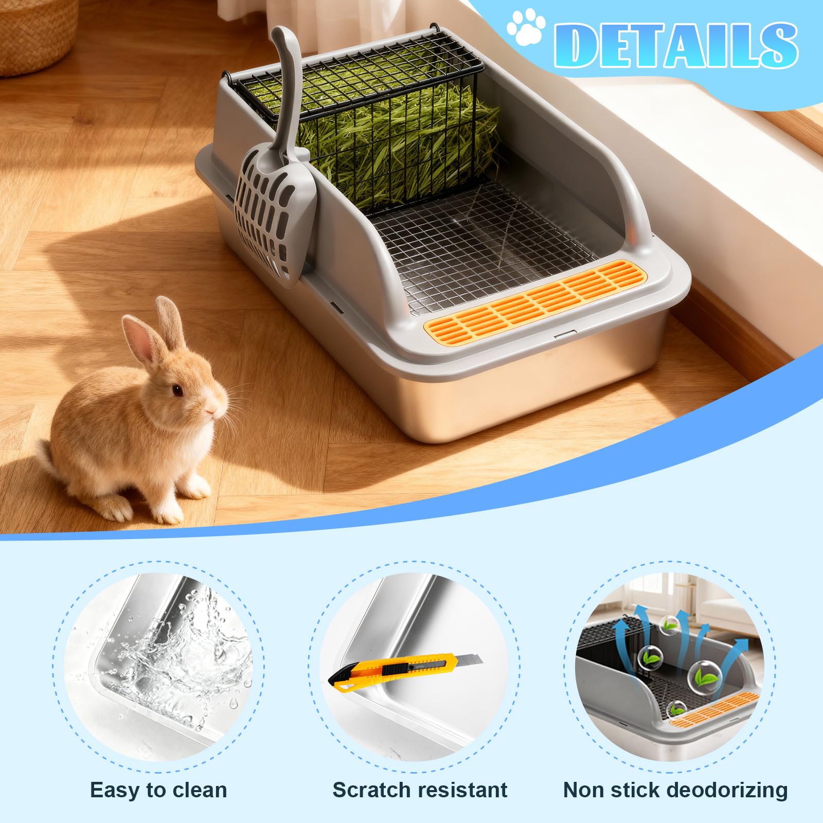 Stainless Steel Rabbit Litter Box w Hay Feeder and Litter Scoop, 19.7 x 13.8 x 7.9 Inch Large Litterboxes w Raised Grid, High Sided Kiter Box for Bunny, Guinea Pig, Ferret, Small Snimal, Hamster - image 4