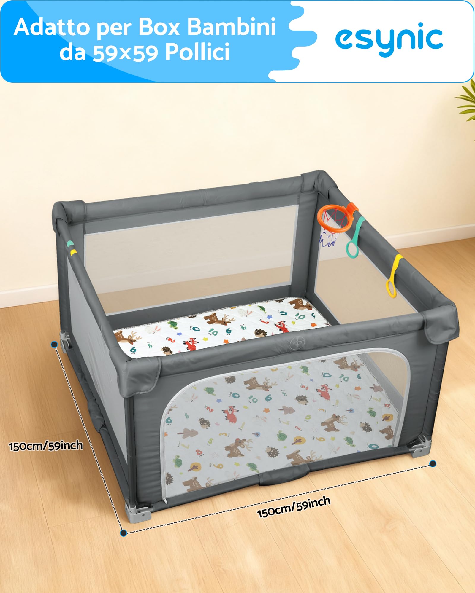 eSynic Tappetino da Gioco Pieghevole per Bambini 150x150cm, Antiscivolo a 4 Strati ed Educativo con Design Animali e Numeri, Tappeto Neonato per Gattonamento, Picnic e Recinti, Lavabile in Lavatrice