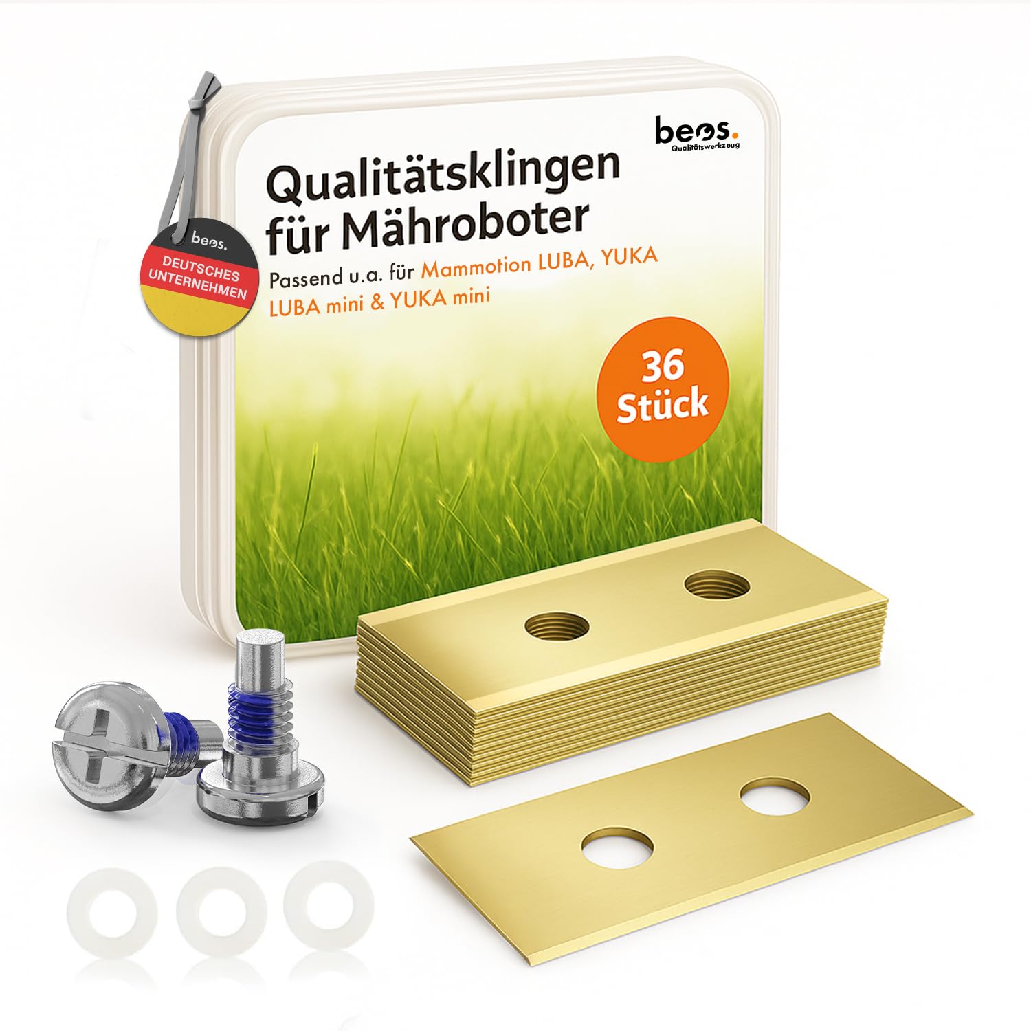 BEOS 36x Premium Titan Ersatzmesser + Schrauben mit Sicherung - Messer kompatibel mit Mammotion LUBA, LUBA 2, YUKA, LUBA Mini & YUKA Mini, verbessertes Schraubendesign für Mammotion