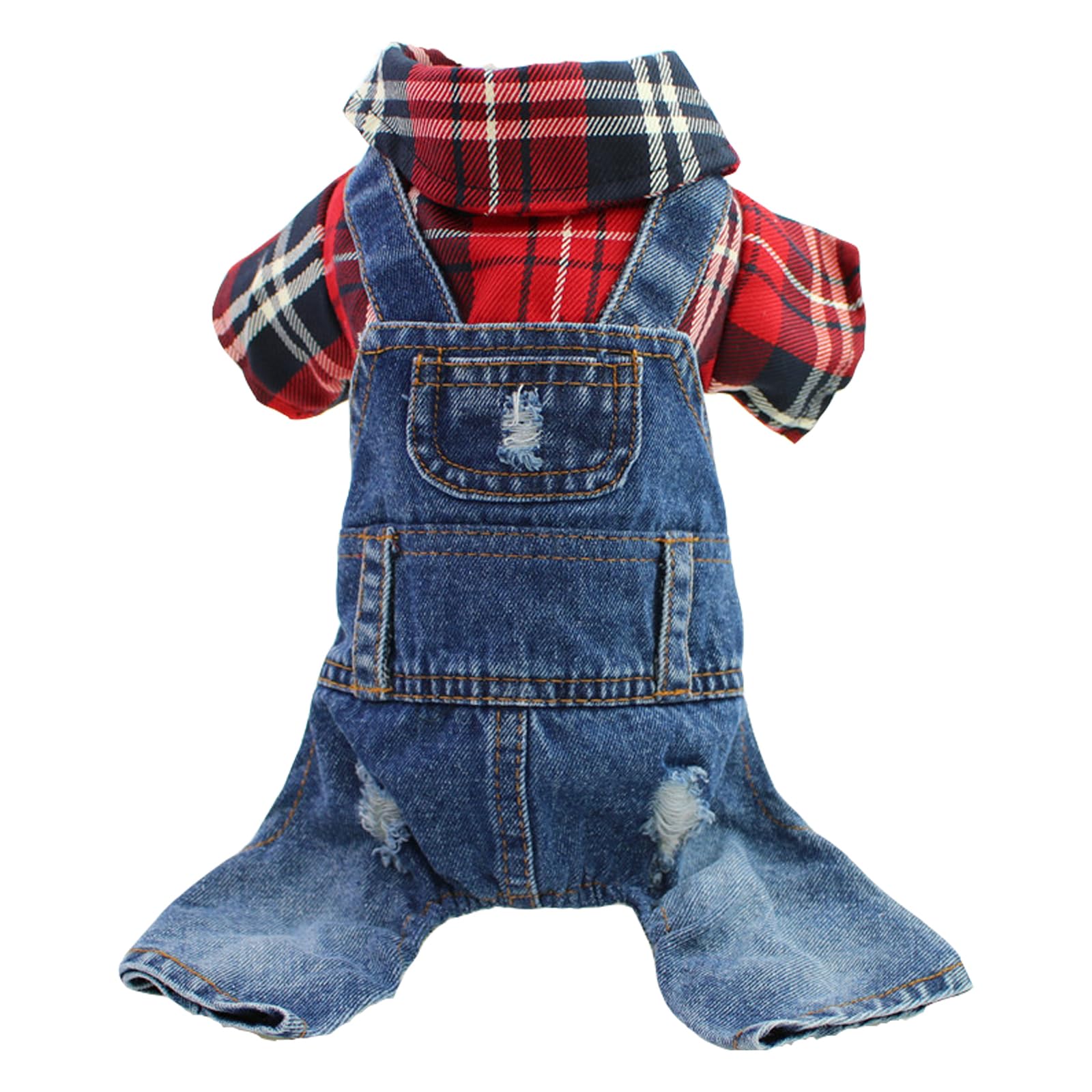 Dog Stylish Plaid Denim Jumpsuit Classic Pet Winter Dog Jeans Clothes Puppy One-Piece Bib Overalls Small Dogs Boy Girl Outfit Yorkies Chihuahua Cat