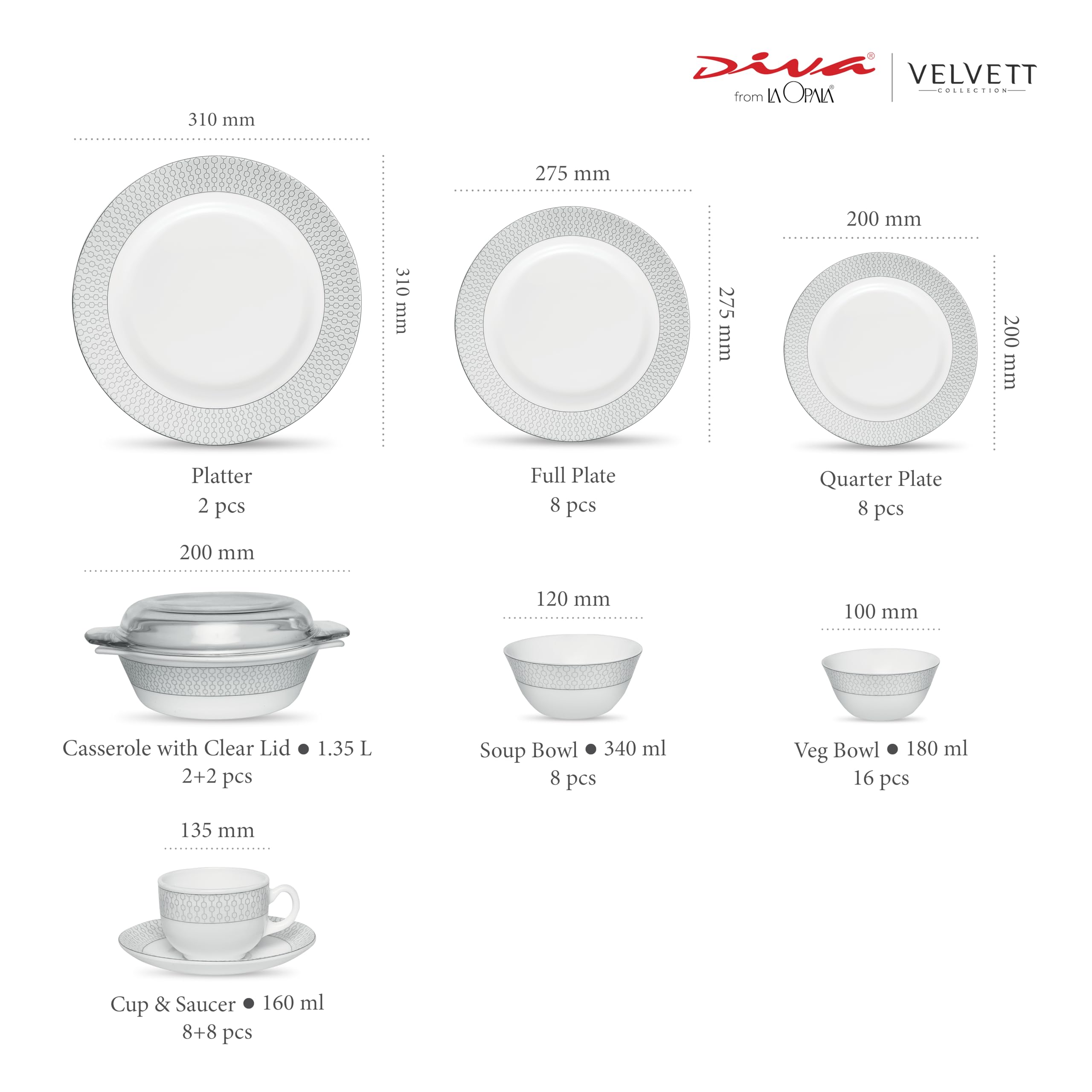 La Opala Diva Dinner Set - 62 Piece Grey Tableware -4