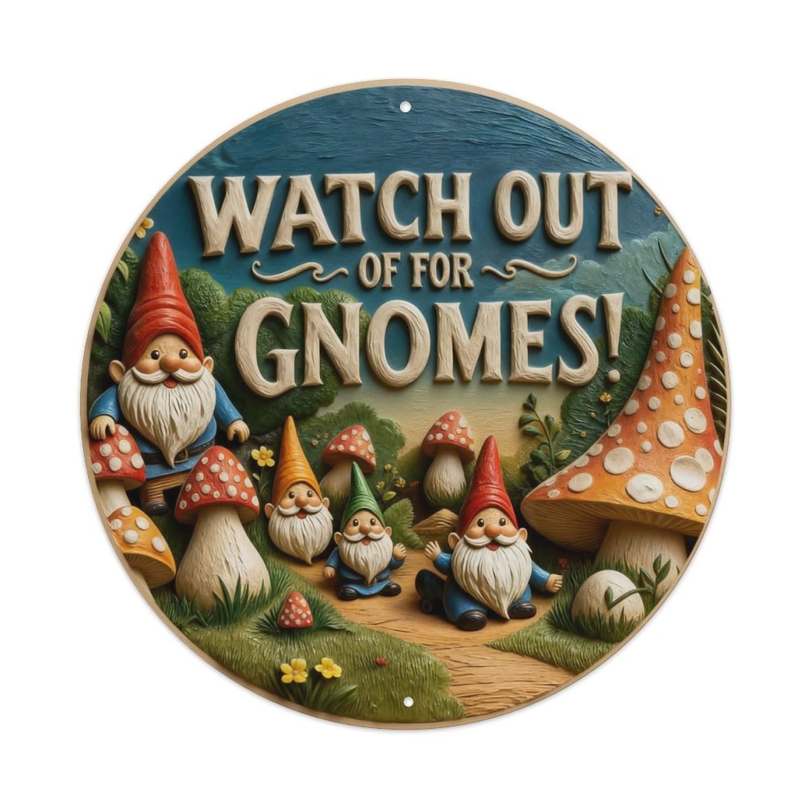 Beware Of The Gnomes Mushroom Forest Scene Round Metal Tin Sign Vintage Wall Decor, Bar Garage Cafe Kitchen Home Wall Art Poster 8x8inches