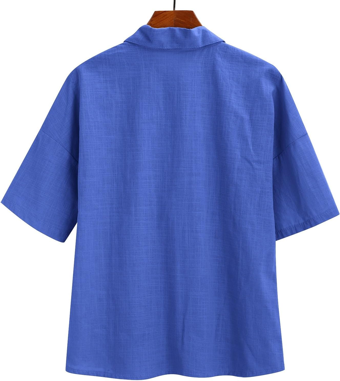 Cotton Linen Tops for Girls Button Down V Neck Half Sleeve Shirts Summer Casual Loose Fit Formal Blouses Beach Vacation