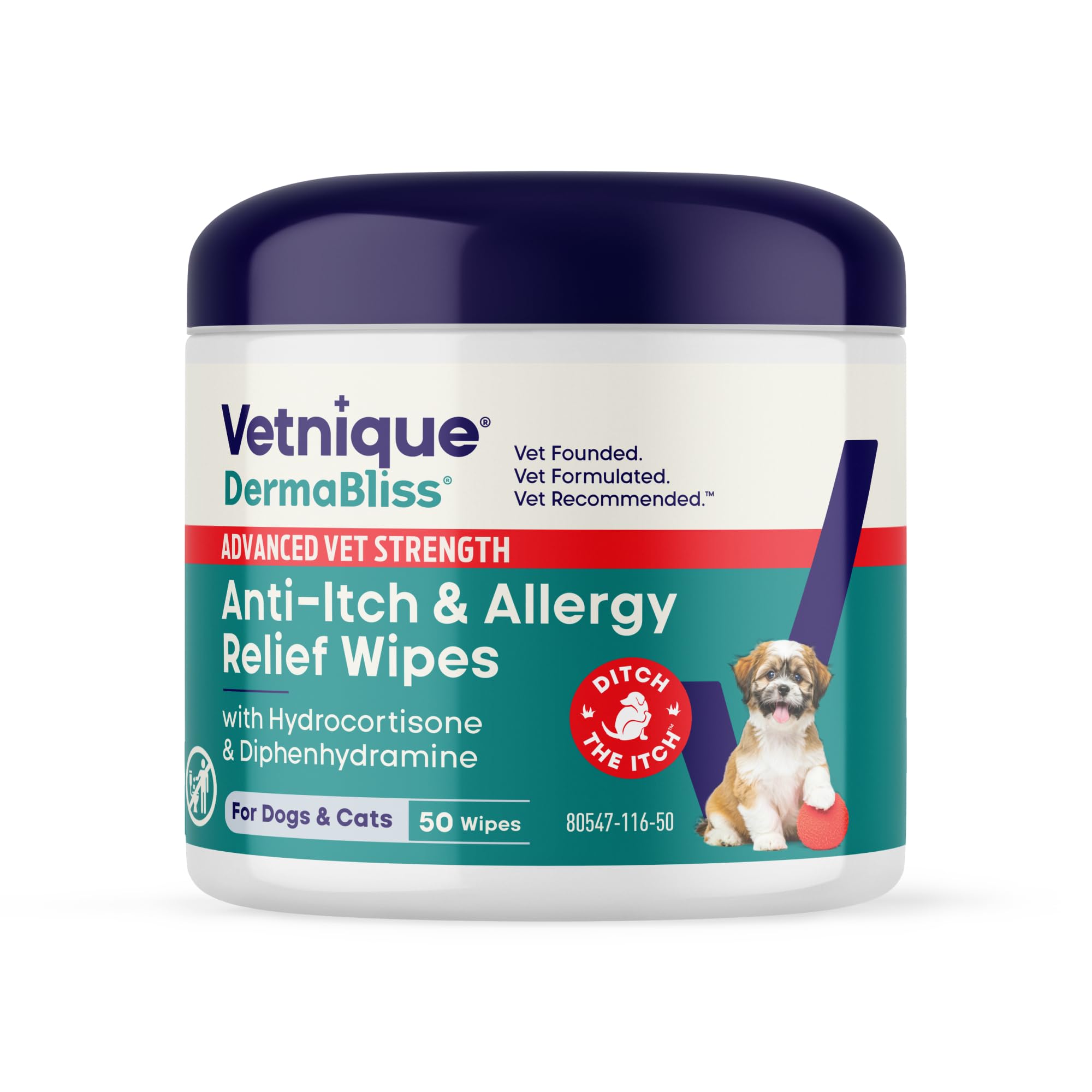 Vetnique Dermabliss 3-in-1 Medicated Dog Wipes - Relief for Itchy Skin, Allergies & Odor Control, Gentle No-Sting Formula, Antihistamine & Hydrocortisone Paw Wipes for Dogs & Cats 50 Count