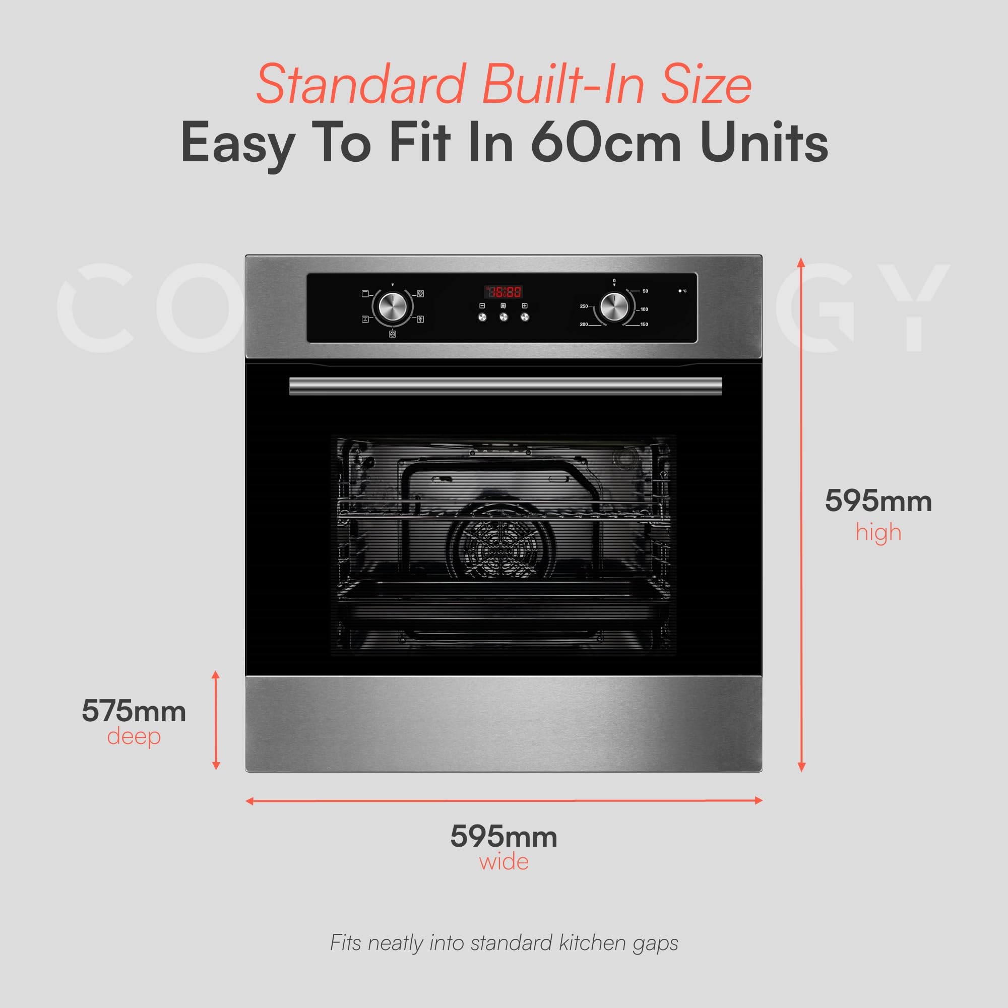 Cookology COF605S 60cm 65 Litre Capacity, Installed Built In Electric Fan Oven, Integrated Single Fan Oven with Mechanical Dial Timer and Grill - in Stainless Steel — view 4