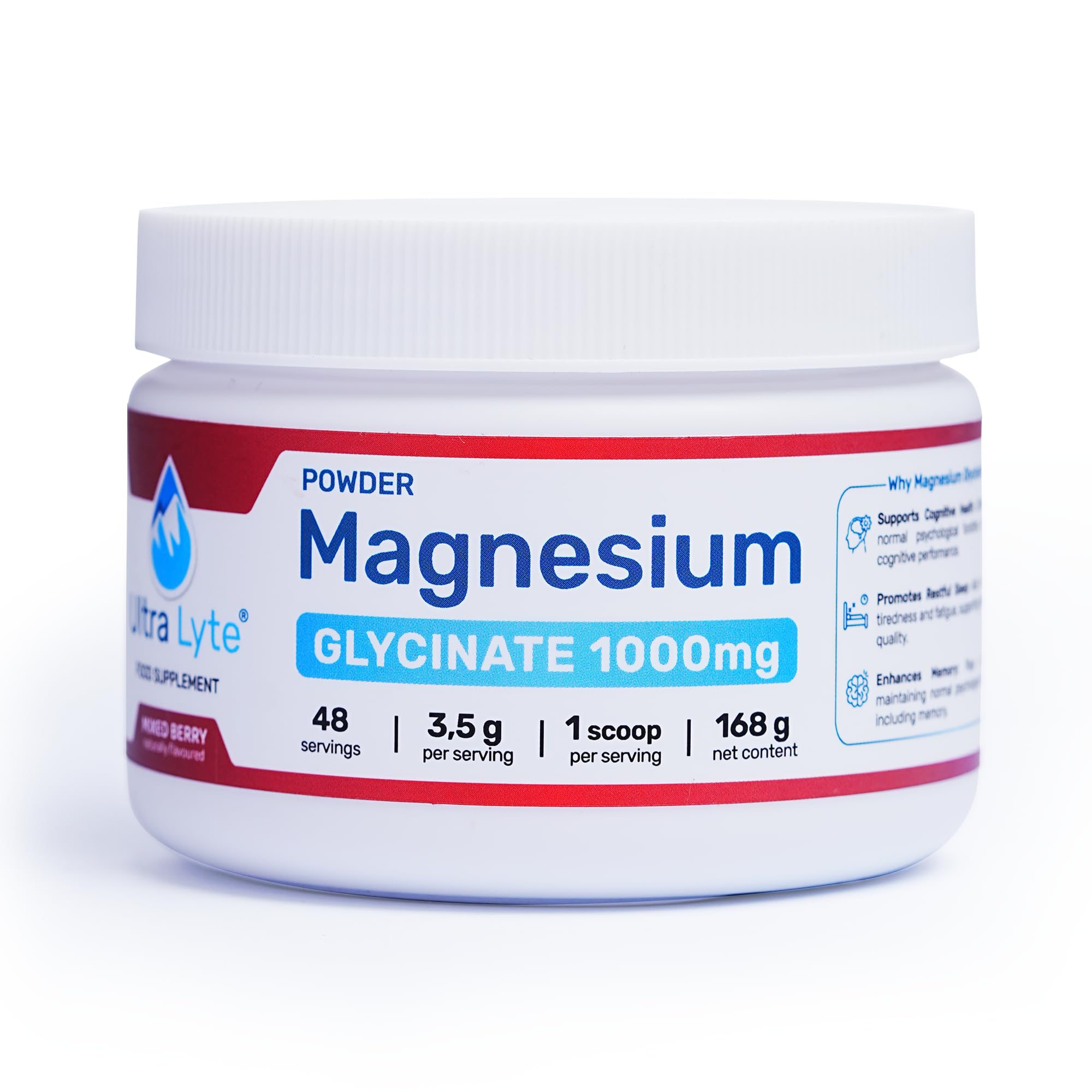 Ultra Lyte Magnesium Glycinate Powder with Trace Minerals 180g – Vegan & Gluten-Free Flavoured Magnesium Supplement – For Sleep Aid, Stress Relief & Muscle Relaxation – 60 Servings (180g, Mixed Berry)