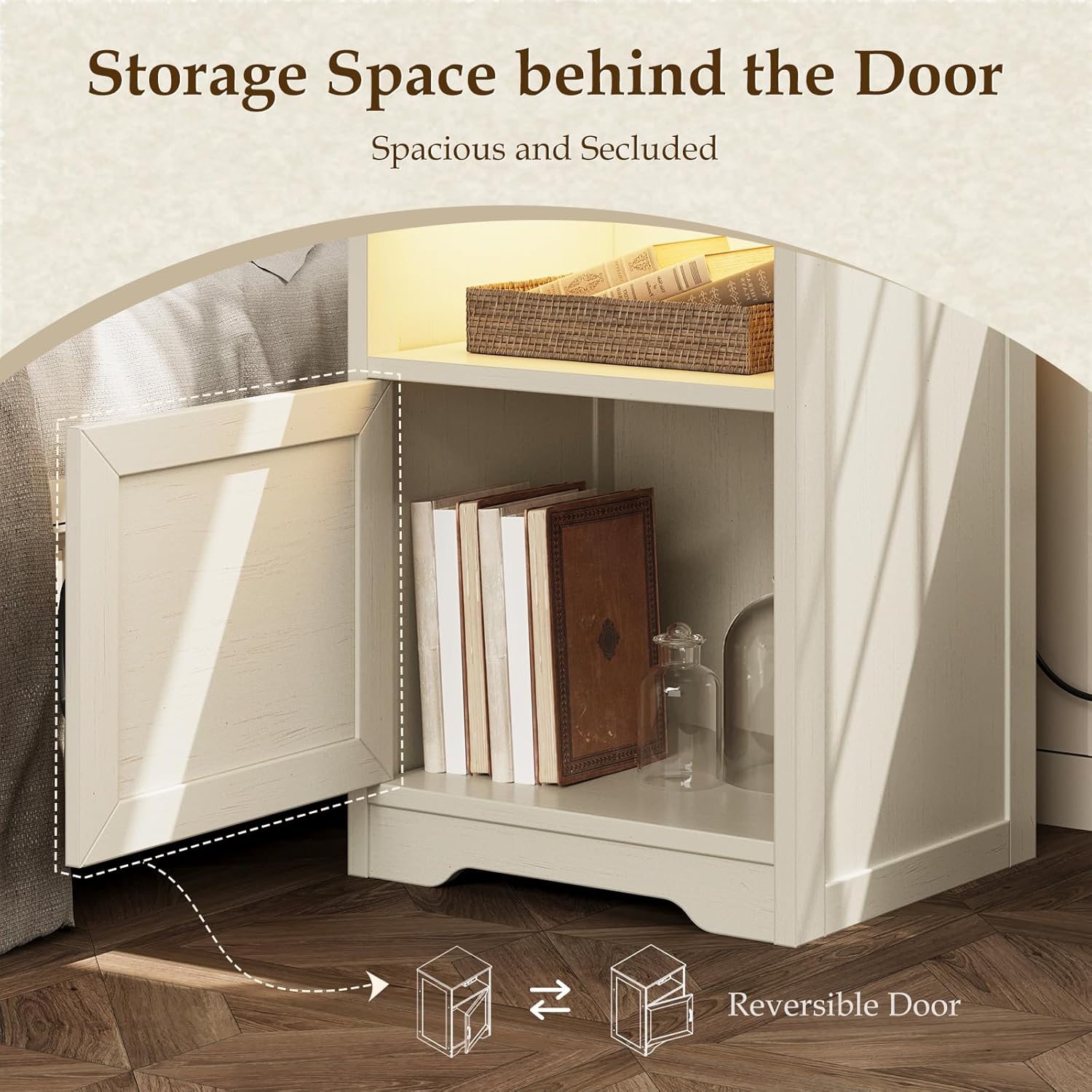 AODK Farmhouse Nightstand Set of 2, Bedside Table with Charging Station & LED Lights, End Tables with Open Shelf and Door, Bed Side Tables for Bedroom, Rustic White & Dark Walnut