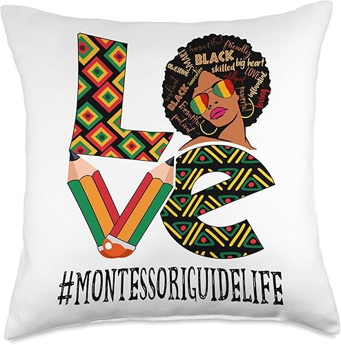 Black History Month Gifts & Apparel Montessori Guide Love Afro African Black History Month, almohada de 18 x 18 pulgadas, multicolor