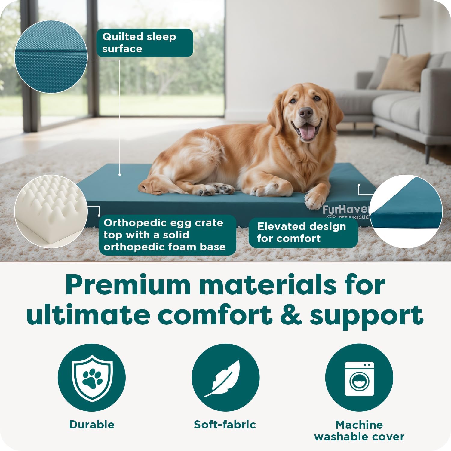 FurHaven Water-Resistant Orthopedic Dog Bed for Large Dogs, Oxford Polycanvas Mattress with Egg Crate and Solid Orthopedic Foam Base for Joint Support, Washable Cover, Jumbo XL, Deep Lagoon