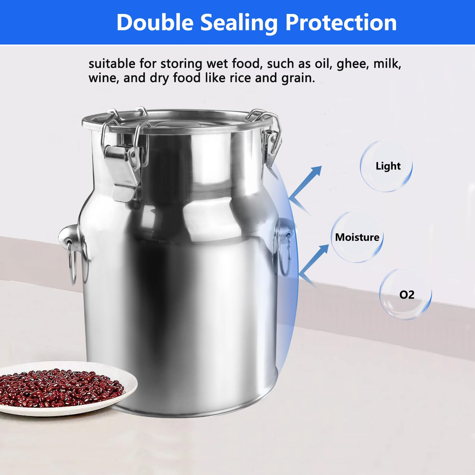 Hermetyczne wiadro na mleko ze stali nierdzewnej, słoik z zamkniętą pokrywką na mleko, wino, ryż, mąkę i płatki zbożowe, 24 l