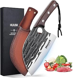 Huusk Upgraded Serbian Chef Knife-Japanese Meat Cleaver Knife for Meat Cutting Forged Butcher Knives with Sheath Full Tang Kitchen Chopping Knives for Home, Outdoor Camping, Gift for Men and Women