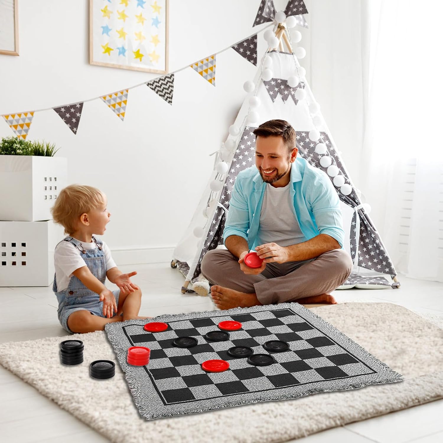 Yarlung Giant Checkers Set Tic Tac Toe Game with Reversible Rug, 3 in 1 Jumbo Checkers Game Board for Family Camping, Yard, Lawn Games, 2 Players