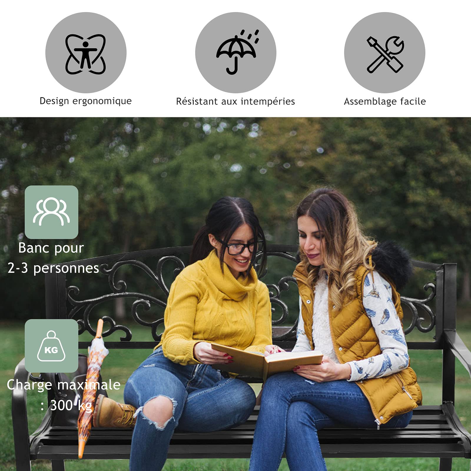 RELAX4LIFE Banc de Jardin Extérieur pour 2-3 Personnes, Banc de Jardin Fer Forgé Résistant avec Dossier Incliné, Accoudoirs Arrondis, Pieds Robustes, pour Terrasse Parc Pelouse, Noir