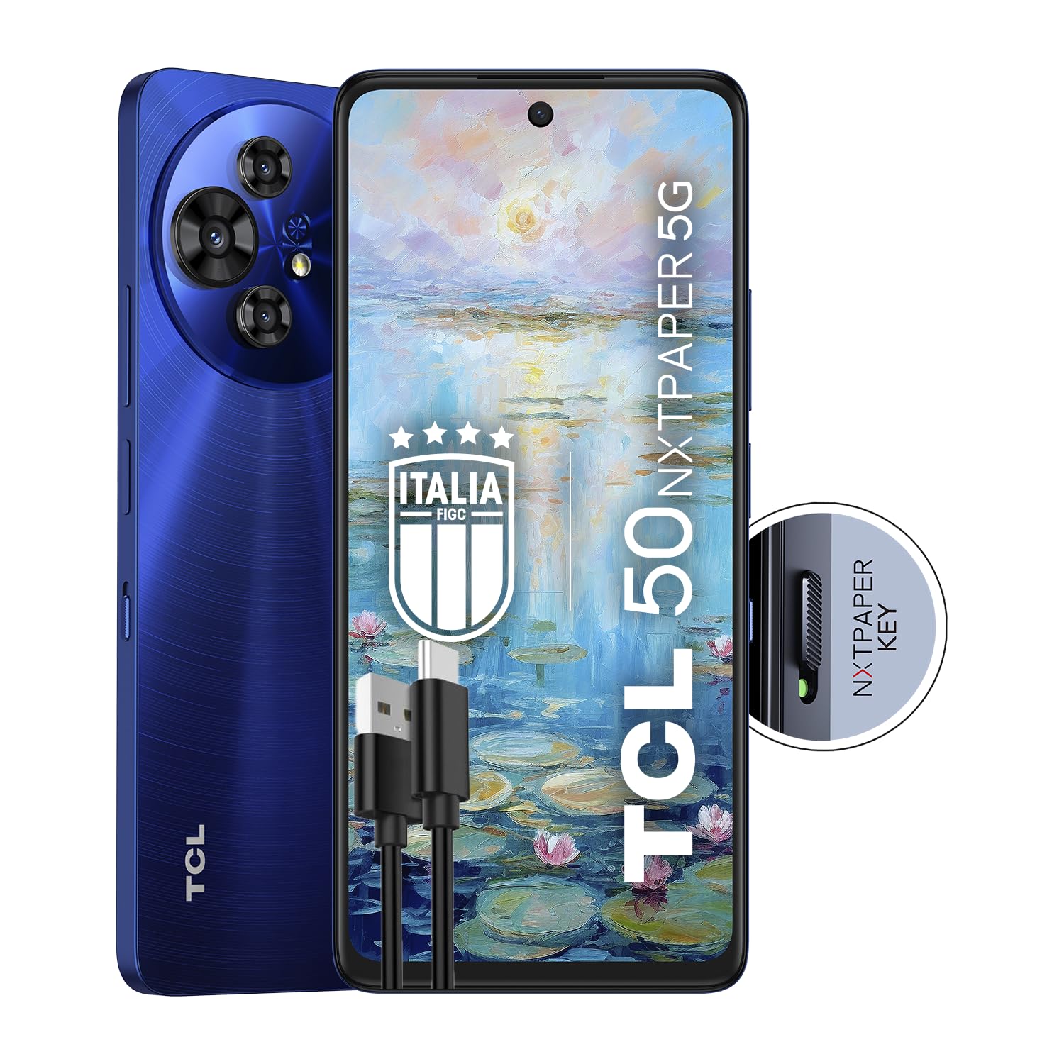 TCL 50 NXTPAPER 5G - Smartphone 5G Display 6.8" 120Hz Nxtpaper 3.0, 256GB, 16GB RAM (8GB+8GB virtual RAM), Tripla Camera 108Mpx, Android 14, Batt. 5010 mAh, Blue, cavo USB Type-c aggiuntivo
